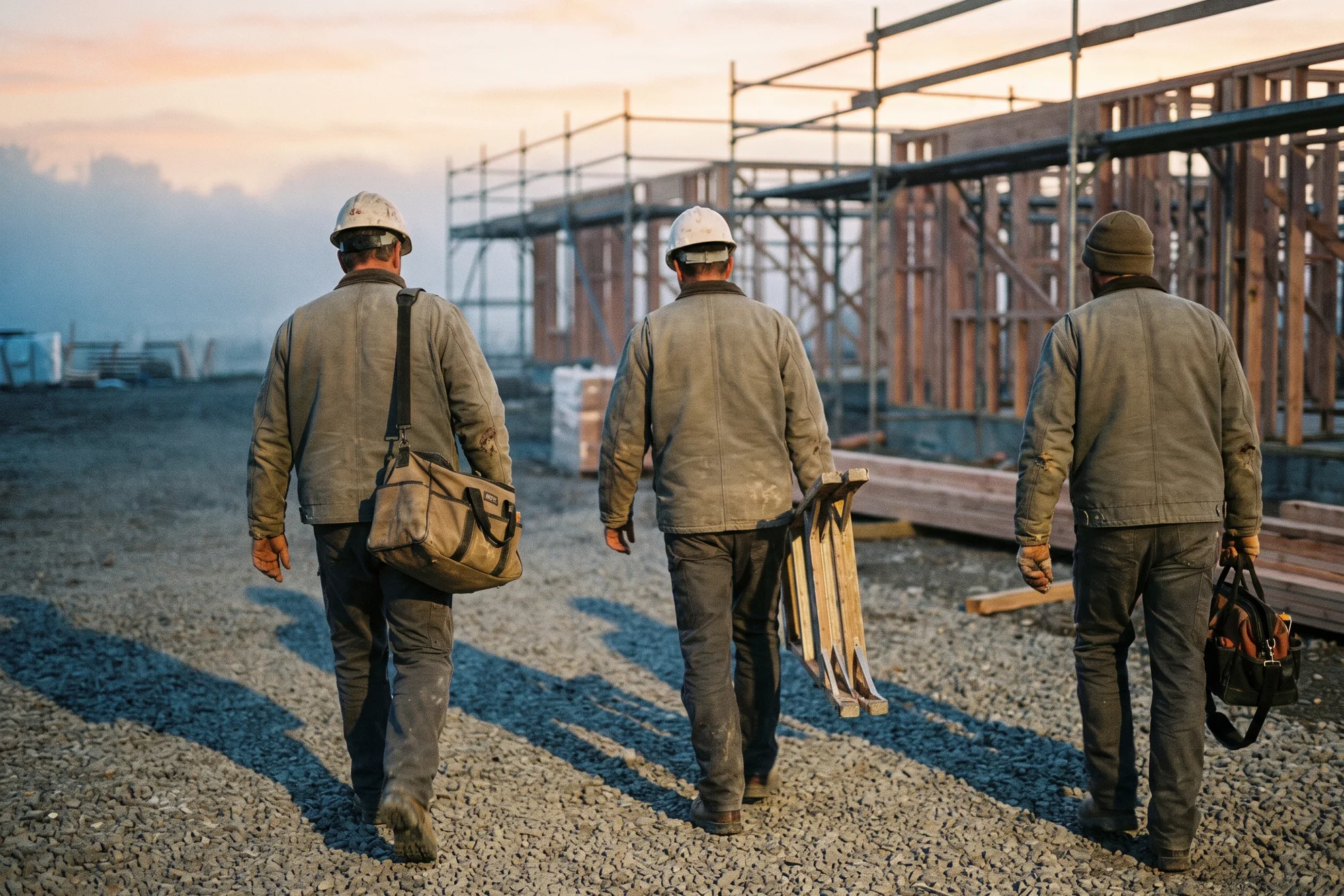 Three workers seen from behind walking across gravel toward a timber-framed building at dawn, hard hats on, tool bags in hand, one carrying a wooden step ladder.