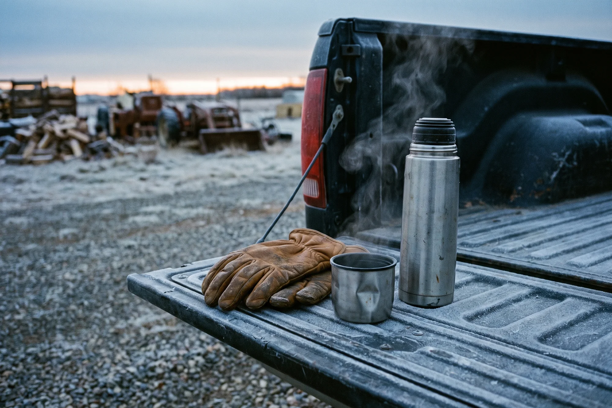 Brown leather work gloves, a steel thermos and a steaming cup on the tailgate of a pickup on a frosty morning, a lot of old machinery behind.