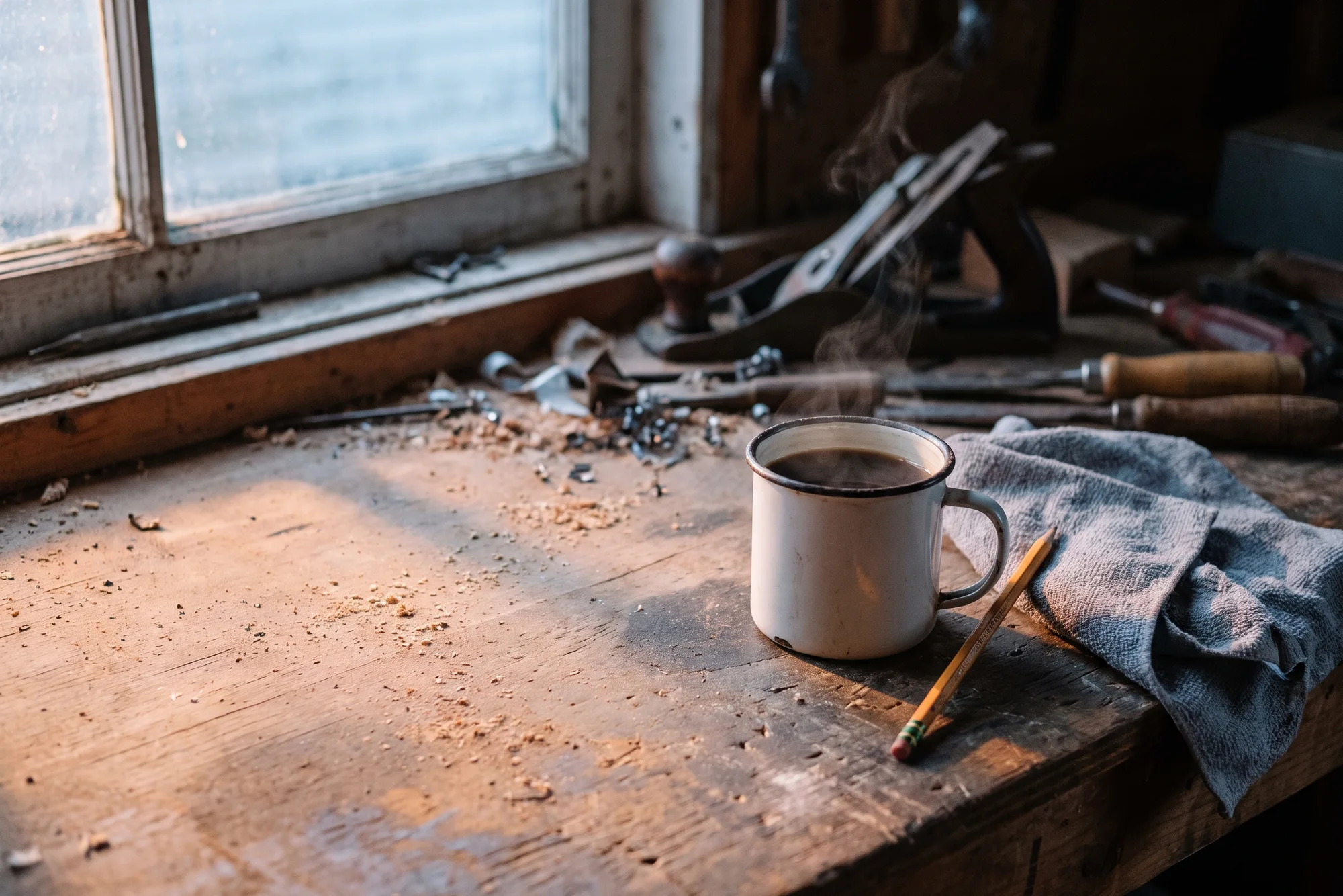 A white enamel mug of coffee steaming on a wooden workbench by a window, a pencil and a grey shop rag beside it, hand tools and wood shavings behind.