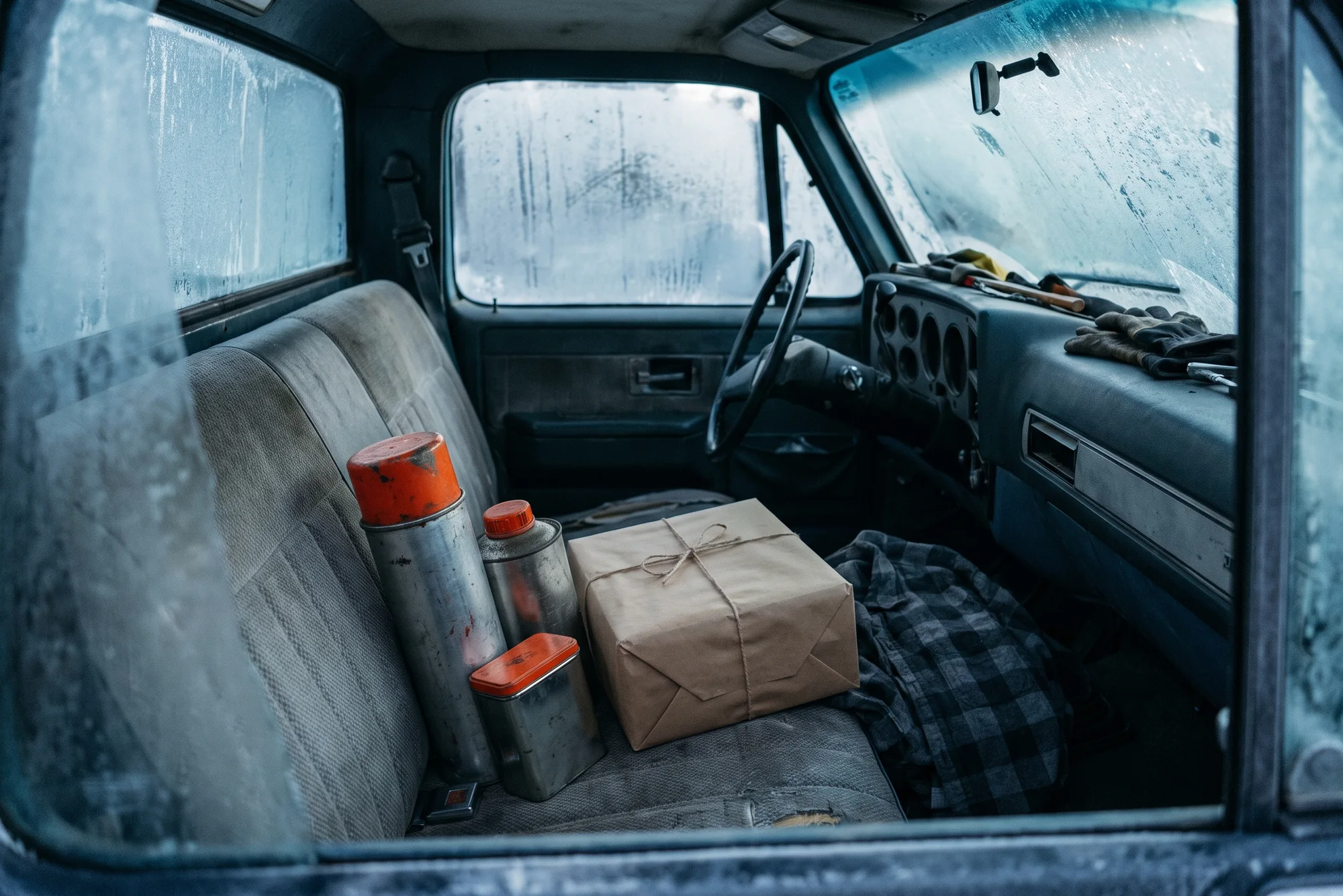 Two steel-grey tubes and a tin with orange caps on the bench seat of an old pickup, beside a kraft-paper box tied with twine and a folded grey flannel shirt, frost at the windshield.