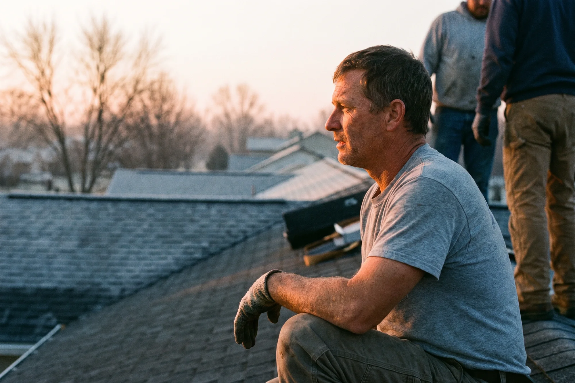 A roofer in profile kneeling on shingles in low early sun, one hand resting on his knee.