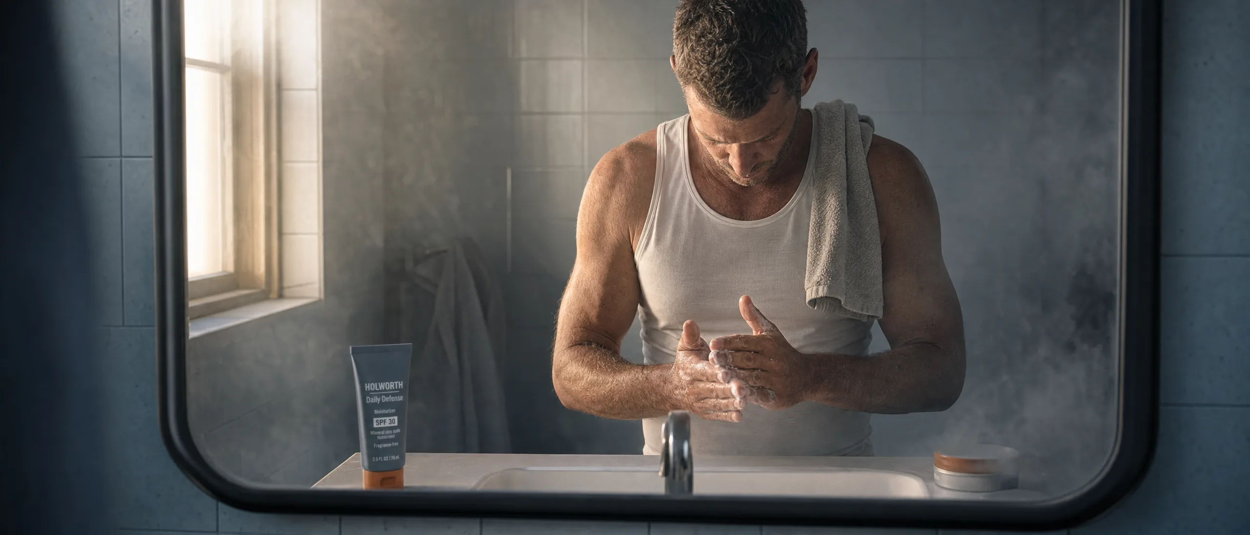 A man in a white tank top, towel over one shoulder, lathers his hands at a bathroom sink, seen in a misted mirror beside a tube of Holworth Daily Defense SPF 30.
