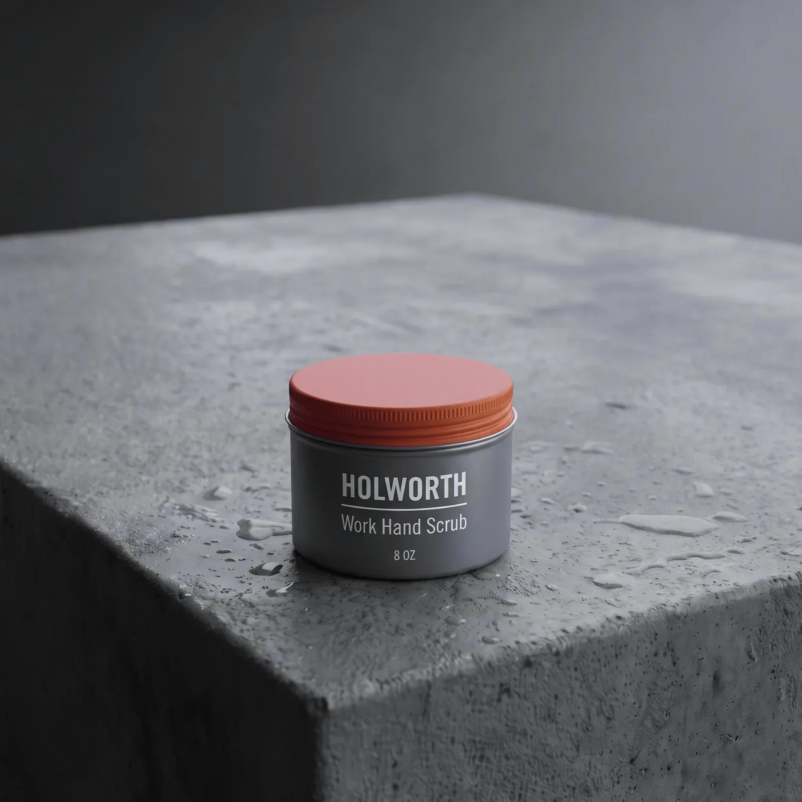 A steel-grey tub of Holworth Work Hand Scrub with an orange lid, on a wet concrete block.