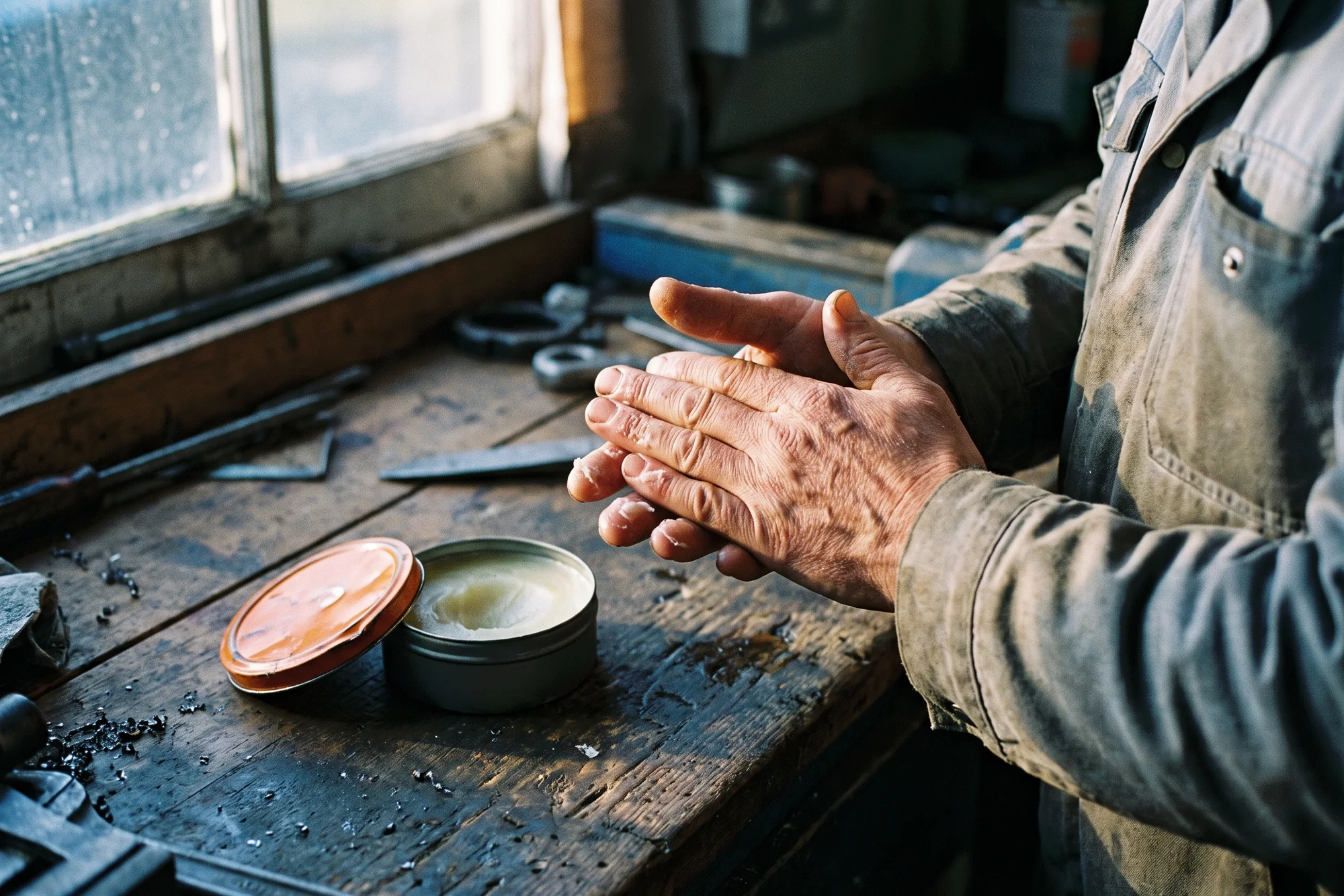 Two rough working hands with split knuckles rubbing pale balm into the fingertips, an open steel-grey tin with an orange lid on a worn wooden workbench.